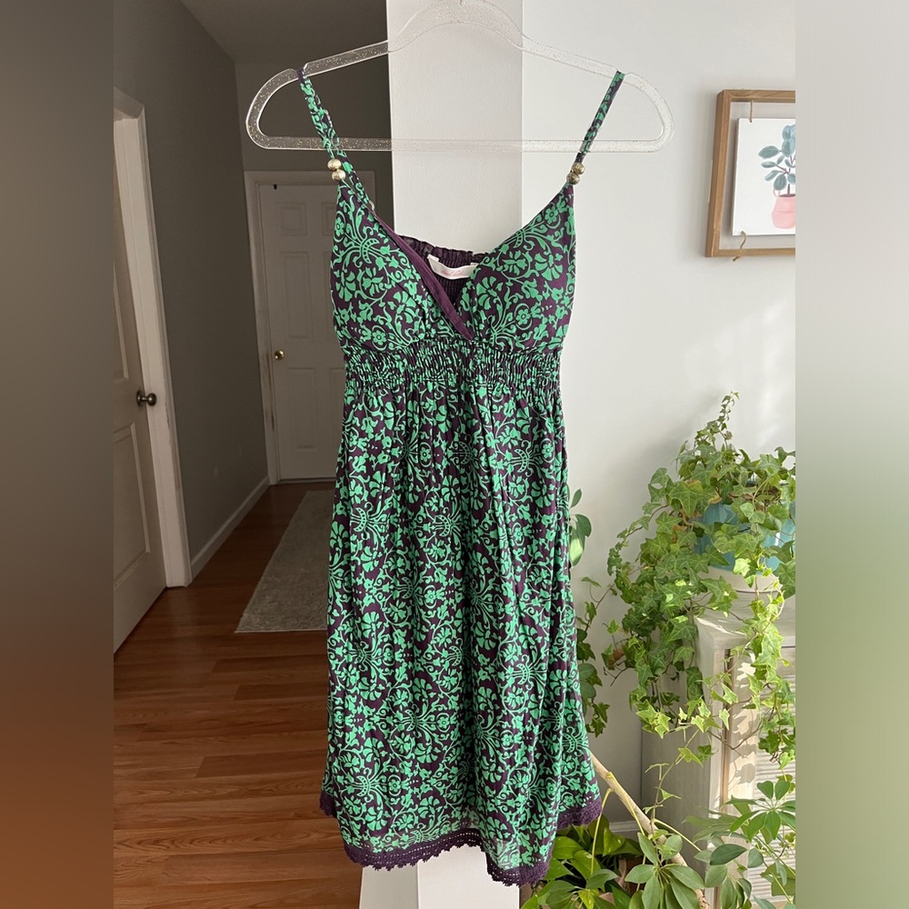 2/$40 Green and Black Print Spaghetti-Strap Dress